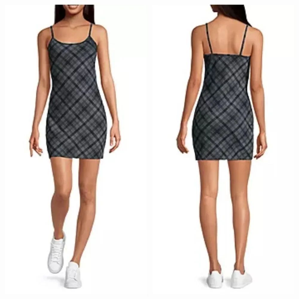 🔹️Arizona Jeans Black & Gray Plaid 90s Cami Dress Medium - Picture 2 of 9